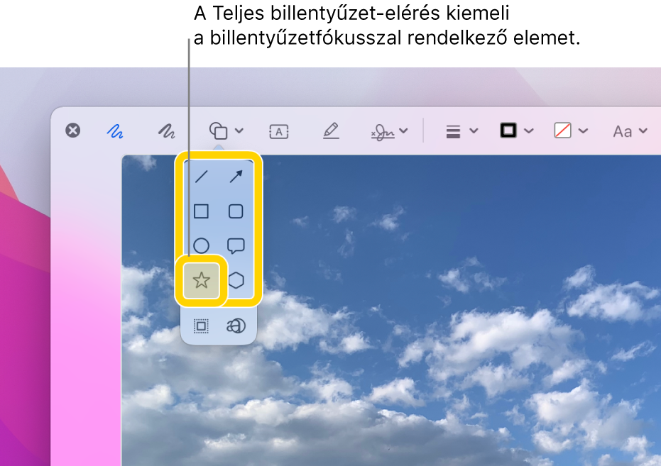A Gyorsnézet ablaka a Korrektúra eszközsorral. A kibővített Alakzatok eszköz az elérhető beállításokkal. A Teljes billentyűzet-elérés körvonalazta a fókuszterülettel rendelkező eszközt és az azt tartalmazó csoportot.