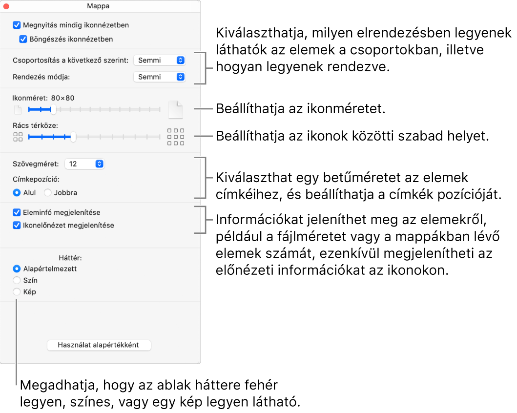 Mappa ikonnézet beállításai.