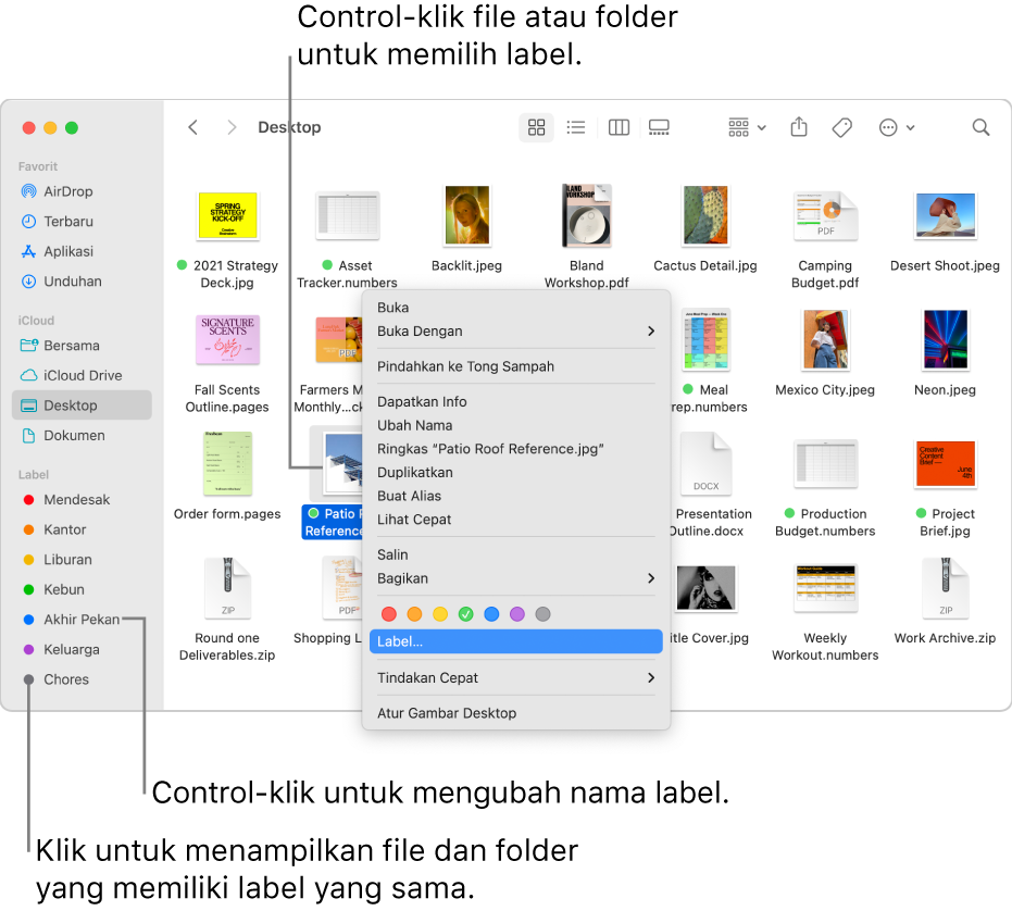 Jendela Finder berisi file dan folder berlabel, dengan file dipilih. Di menu pintasan, terdapat pilihan warna untuk label, dan Label disorot.