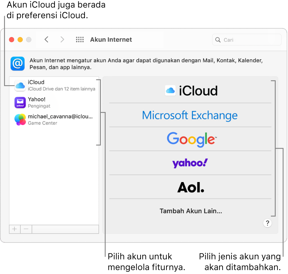 Preferensi Akun Internet dengan akun tercantum di kanan dan jenis akun yang tersedia tercantum di kiri.