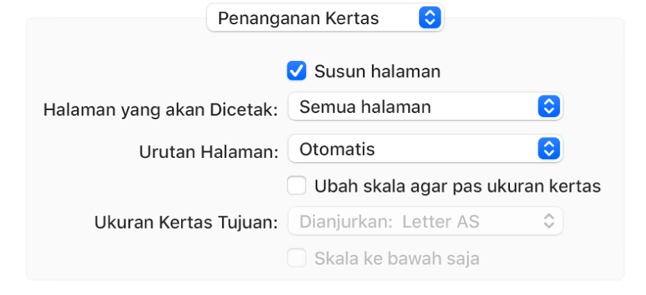 Opsi Penanganan Kertas yang dipilih di menu pop-up pilihan cetak dan menu pop-up Urutan Halaman muncul untuk mengubah urutan halaman.