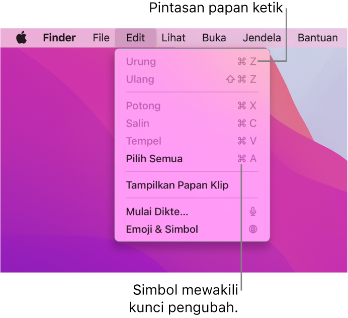 Menu Edit dibuka di Finder; pintasan papan ketik muncul di samping item menu.