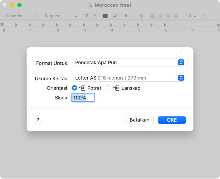 Pilihan mencetak default menampilkan menu pop-up pilihan cetak dan pilihan Skala dengan kotak persentase untuk menentukan skala yang diinginkan untuk mencetak.