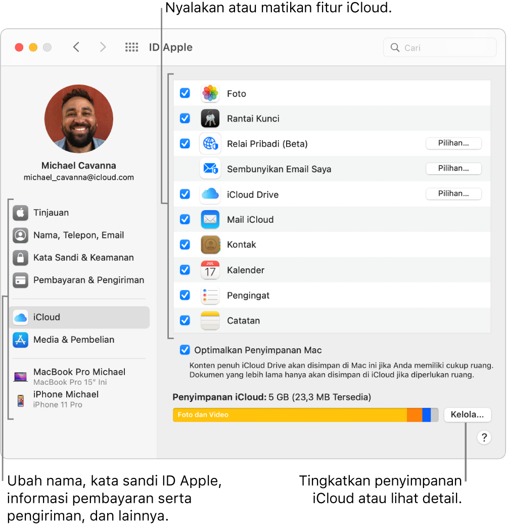 Preferensi iCloud dengan semua fitur dipilih.