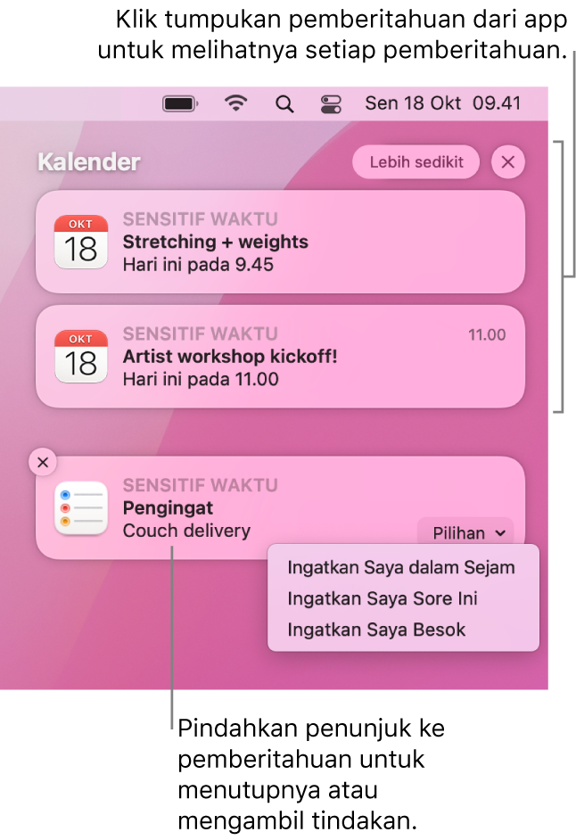 Pemberitahuan app di pojok kanan atas desktop, termasuk tumpukan terbuka dari dua pemberitahuan Pengingat dengan tombol “Tampilkan lebih sedikit” untuk menciutkan tumpukan, dan satu pemberitahuan Kalender dengan tombol Tunda.
