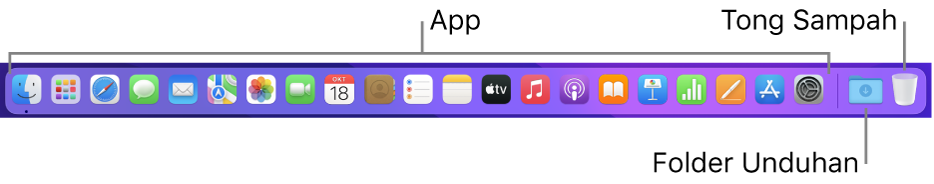 Dock menampilkan ikon untuk app, tumpukan Unduhan, dan Tong Sampah.