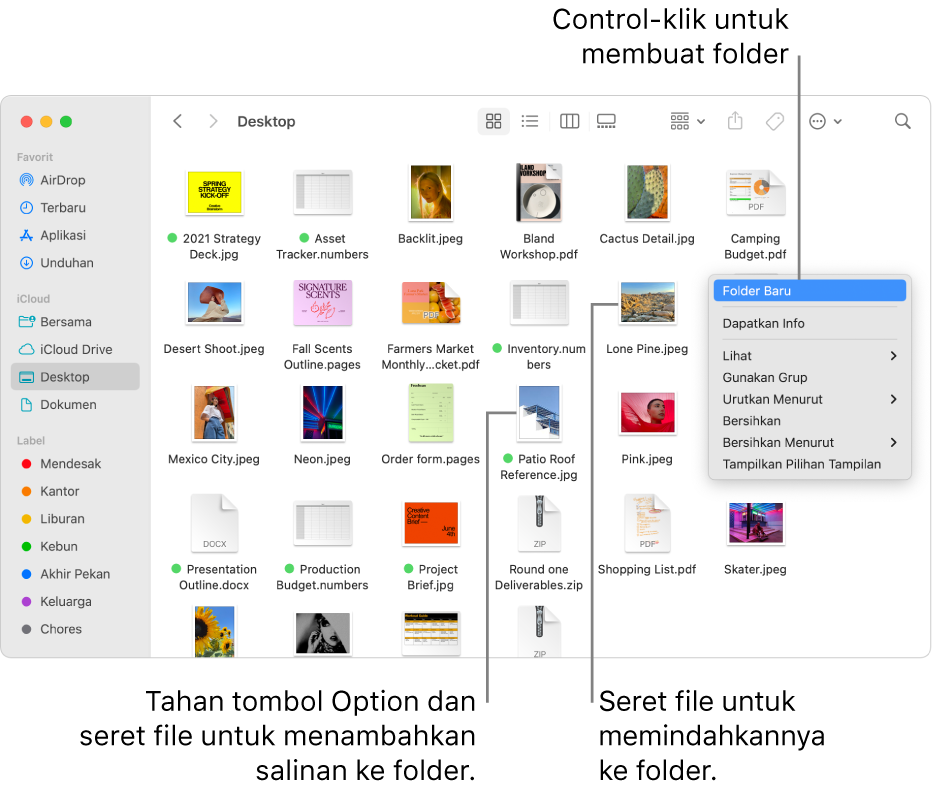 Jendela Finder berisi file dan folder. Di menu pintasan, Folder Baru disorot.
