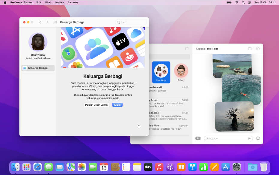 Desktop Mac dengan panel Preferensi Sistem Keluarga Berbagi untuk memulai dan jendela Pesan dengan beberapa percakapan dan beberapa foto di salah satunya.