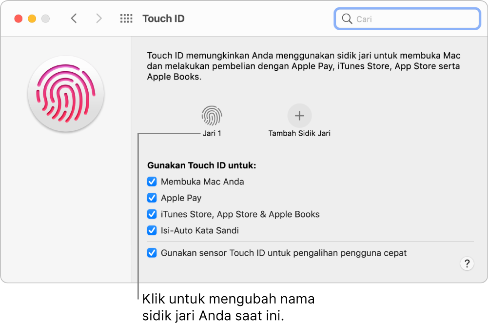 Panel preferensi Touch ID menampilkan sidik jari siap dan dapat digunakan untuk membuka Mac.