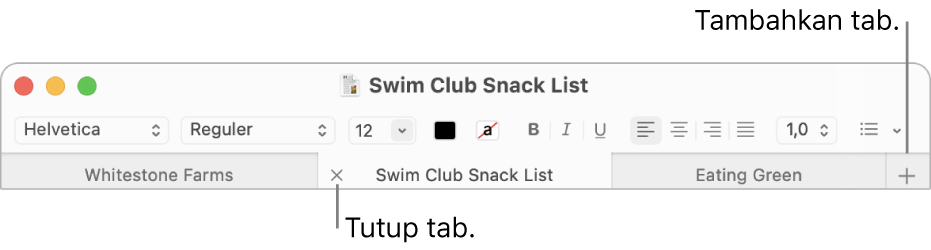 Jendela TextEdit dengan tiga tab di bar tab, yang terletak di bawah bar pemformatan. Satu tab menampilkan tombol Tutup. Tombol Tambah terletak di ujung kanan bar tab.
