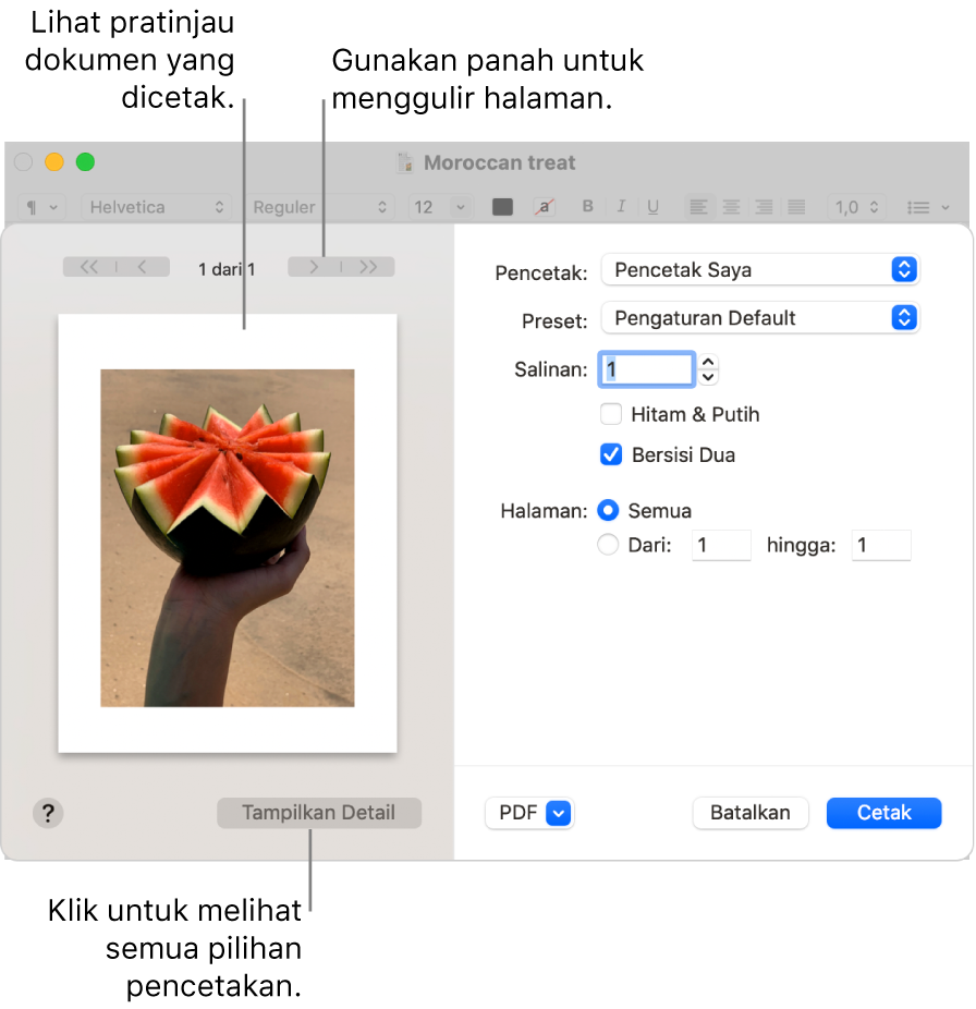 Dialog Cetak menampilkan pratinjau pekerjaan mencetak. Klik tombol Tampilkan Detail untuk melihat pilihan cetak lainnya.