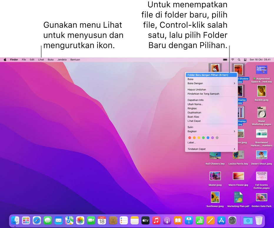 Desktop menampilkan file dan folder. Beberapa file dipilih untuk diletakkan di folder baru. Control-klik dari file yang dipilih menampilkan menu pop-up, dan Folder Baru dengan Pilihan dipilih.