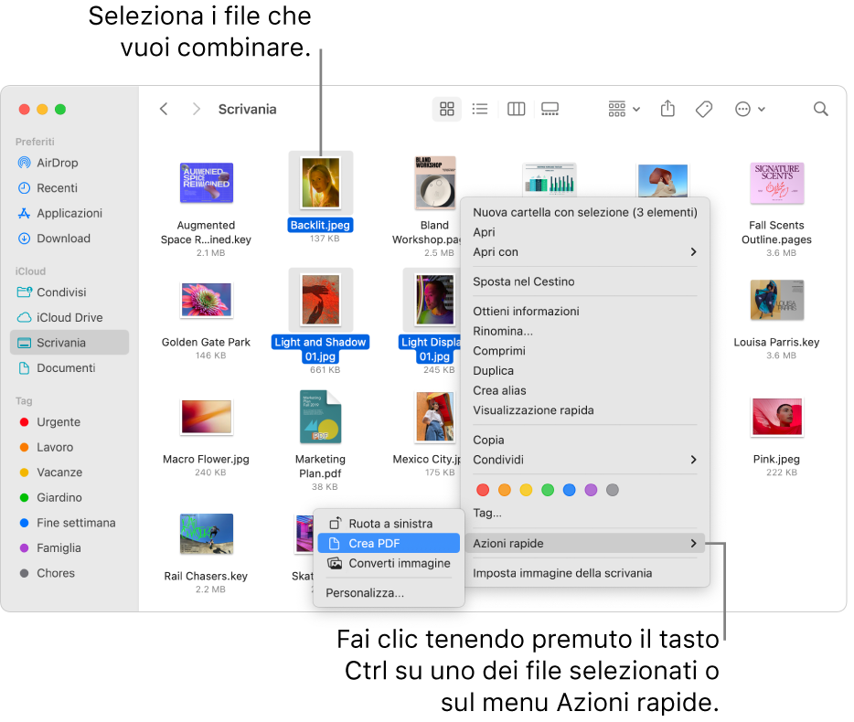 Una finestra del Finder con file e cartelle in cui sono selezionati tre file e “Crea PDF” evidenziato nel menu delle azioni rapide.