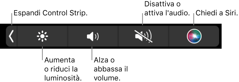 Quando è contratta, Control Strip include i pulsanti, da sinistra a destra, per espandere Control Strip, aumentare o diminuire la luminosità dello schermo e il volume, disattivare o attivare i suoni e utilizzare Siri.