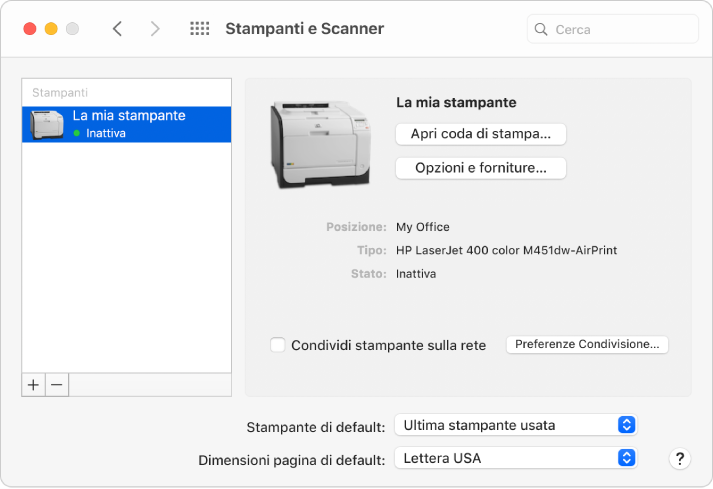 La finestra di dialogo “Stampanti e scanner” mostra le opzioni per impostare una stampante e un elenco di stampanti con i pulsante Più e Meno per aggiungere e rimuovere le stampanti nella parte inferiore.