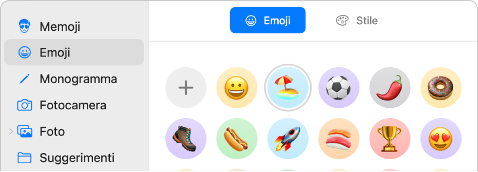 La finestra di dialogo con l'immagine dell'ID Apple, con le emoji selezionate nella barra laterale e varie emoji mostrate sulla destra.