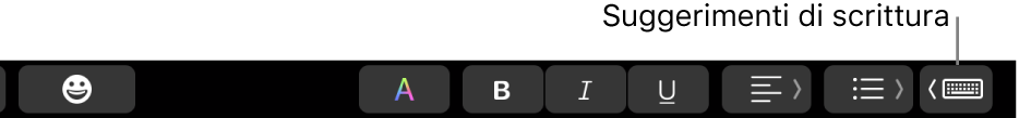 Touch Bar con il pulsante per mostrare i suggerimenti di scrittura all’estremità destra.