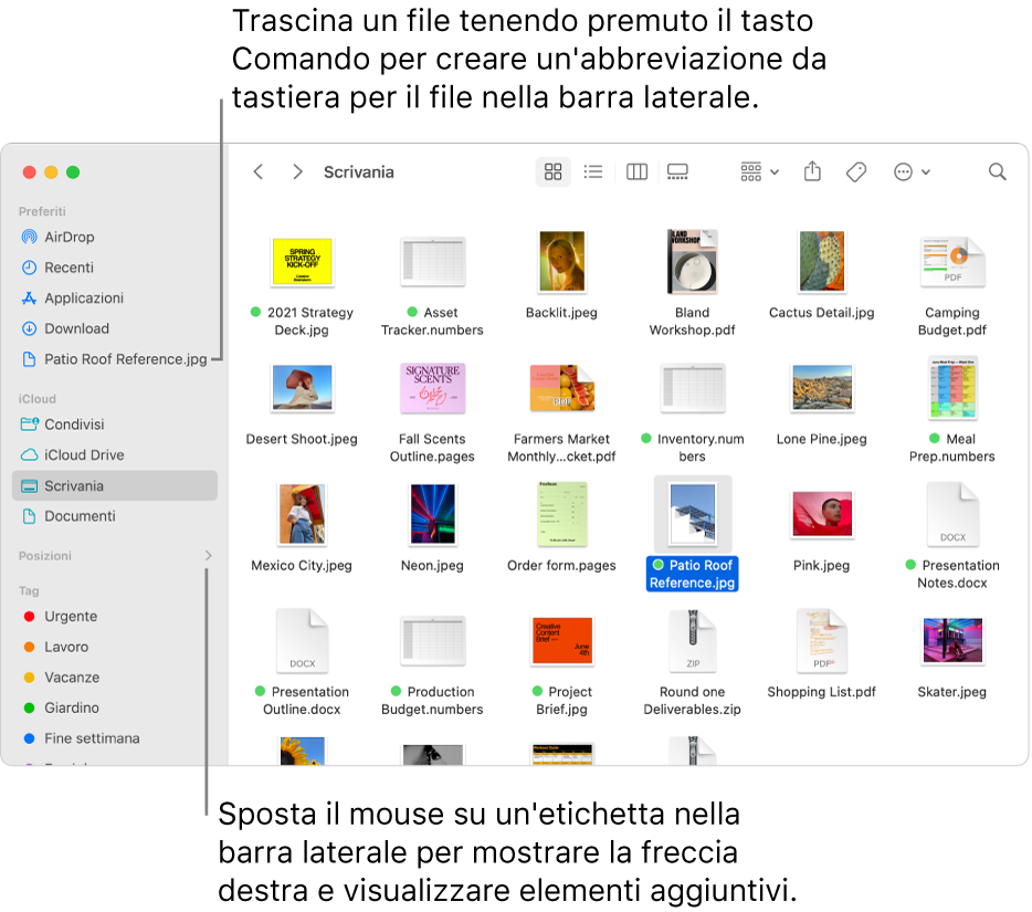 Alla destra di Posizioni, nella barra laterale del Finder, è presente una freccia su cui fare clic per mostrare elementi aggiuntivi. Nella finestra del Finder sulla destra, c'è un file selezionato e un'abbreviazione al file nella barra laterale, sotto Preferiti.