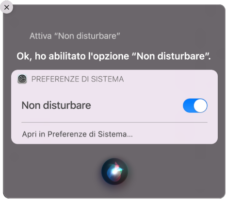 La finestra di Siri window con la richiesta di completare un’attività, “Attiva la modalità Non disturbare”.
