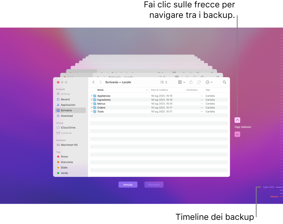 Quando apri Time Machine, visualizzi una schermata sfocata con più schermate del Finder impilate per rappresentare i backup. Fai clic sulle frecce per sfogliare i backup (o fai clic nella cronologia dei backup sulla destra) e scegli i file da ripristinare.