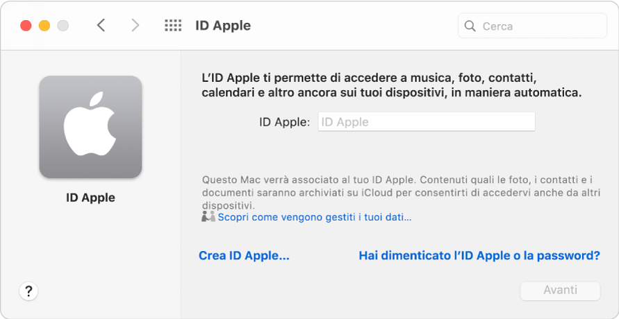 Finestra di dialogo ID Apple, pronta per l'inserimento di un ID Apple. Un link “Crea ID Apple” consente di creare un nuovo ID Apple.