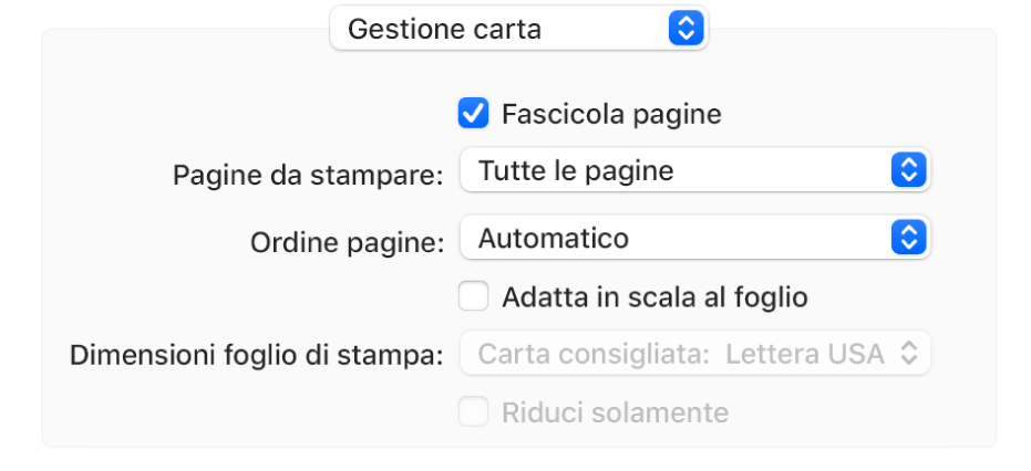 L'opzione “Gestione carta” scelta nel menu a comparsa delle opzioni di stampa e compare il menu a comparsa “Ordine pagine” per cambiare l'ordine delle pagine.