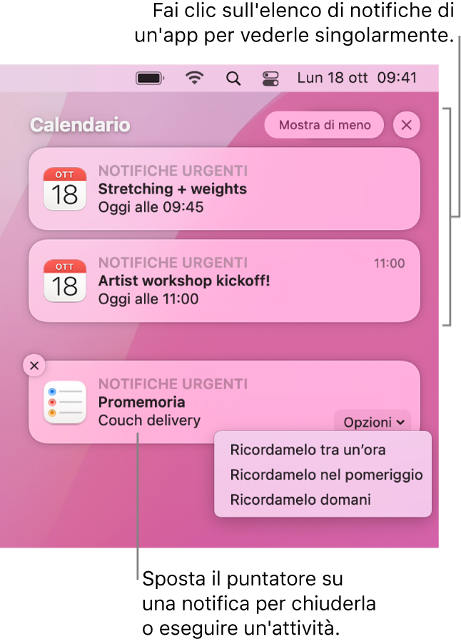 Notifiche di app nell'angolo in alto a destra del desktop, inclusa una pila aperta di due notifiche di Promemoria con un pulsante “Mostra meno” per comprimere la pila e una notifica di Calendario con un pulsante Ritarda.