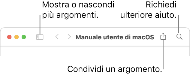 Finestra di aiuto che mostra i pulsanti nella barra degli strumenti su cui fare clic per nascondere o mostrare l'indice e per condividere un argomento, e il campo di ricerca per cercare argomenti specifici.