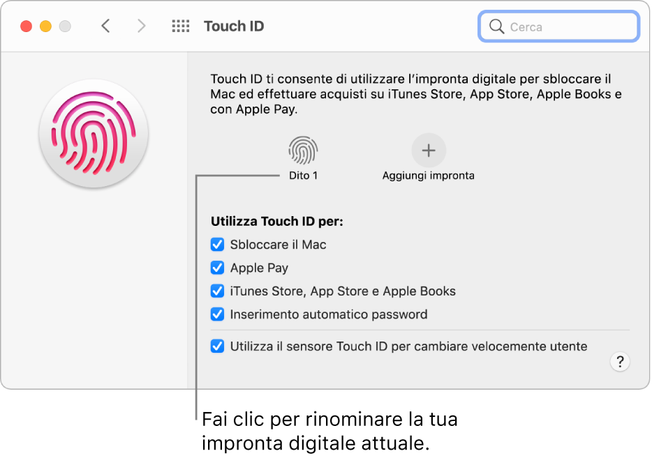 Il pannello delle preferenze di Touch ID che mostra che l'impronta digitale è pronta e può essere utilizzata per sbloccare il Mac.