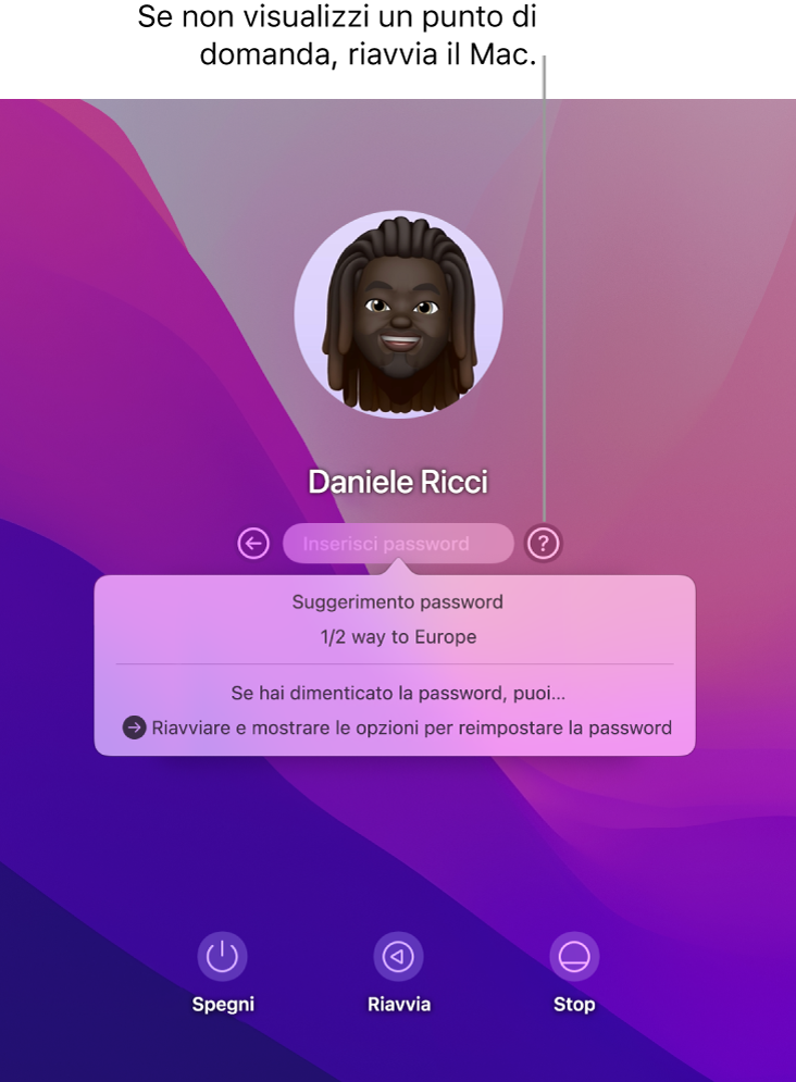 La schermata di accesso del Mac, che mostra il suggerimento password e le istruzioni per reimpostare la password.