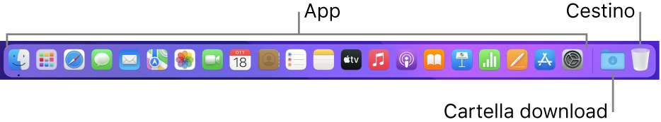 Il Dock con le icone delle app, la pila Download e il Cestino.