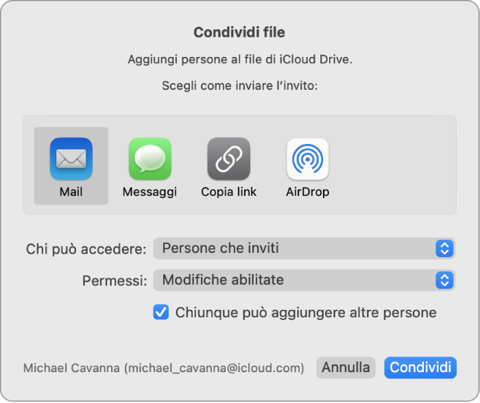 Finestra “Condividi file” che mostra le app che puoi usare per inviare inviti e le opzioni per condividere documenti.