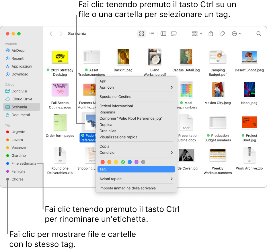 Una finestra del Finder con file e cartelle con tag e un file selezionato. Nel menu delle abbreviazioni, ci sono tag di vari colori ed è evidenziata la parola Tag.