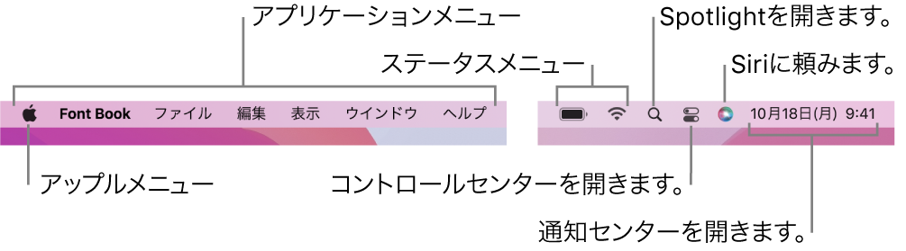 メニューバー。左側にアップルメニューとアプリケーションメニューがあります。右側に状況メニュー、Spotlight、コントロールセンター、Siri、および通知センターがあります。