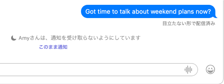 メッセージのチャット。受信者に通知が知らされなかったため、送信されたメッセージは目立たない形で配信されたというメッセージが表示されています。下には、送信者がメッセージを送信するためにクリックできる「このまま通知」リンクがあります。