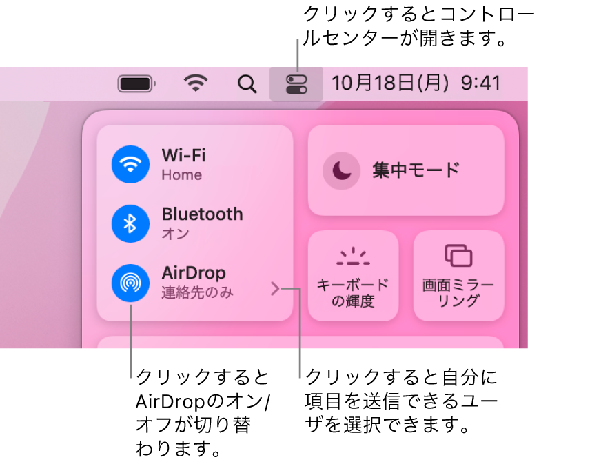 コントロールセンターのウインドウ。AirDropのオン/オフを切り替えるコントロールと、自分に送信できる相手を選ぶコントロールが表示されています。