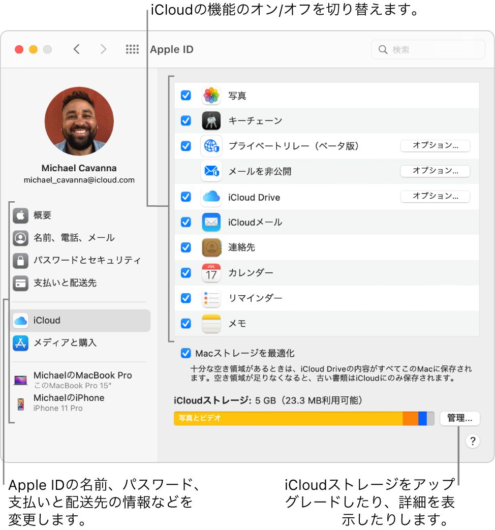 すべての機能が選択されているiCloud環境設定。