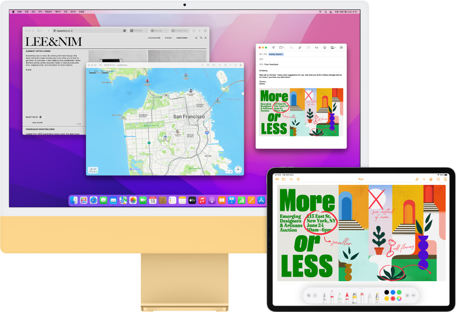 Mail 앱 윈도우를 비롯한 여러 윈도우가 열려 있고, Mac과 연결된 트랙패드 또는 마우스를 사용하여 iPad에서 드래그한 스케치를 보여주는 iMac.