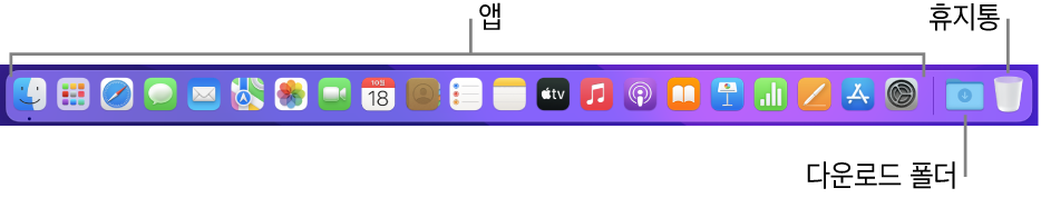 앱 아이콘, 다운로드 스택 및 휴지통을 표시하는 Dock.