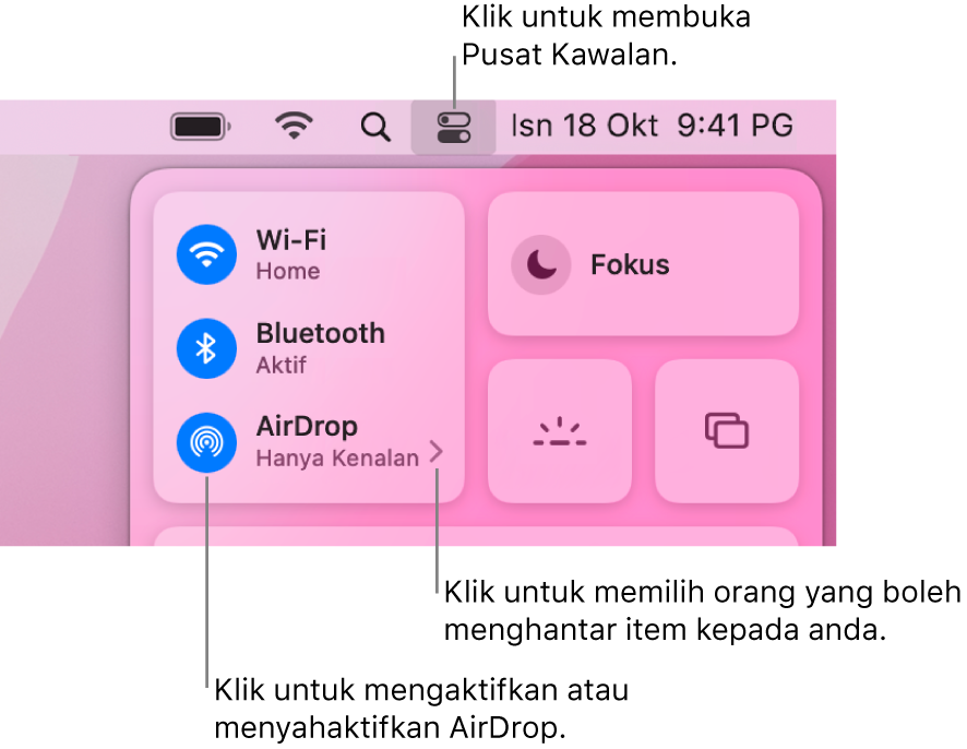 Tetingkap Pusat Kawalan menunjukkan kawalan untuk mengaktifkan atau menyahaktifkan AirDrop dan memilih orang yang boleh menghantar item kepada anda.