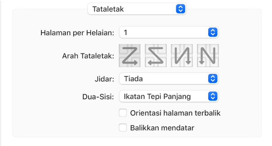 Pilihan Tataletak dipilih dalam menu timbul pilihan cetakan, dengan kotak semak Orientasi halaman terbalik.
