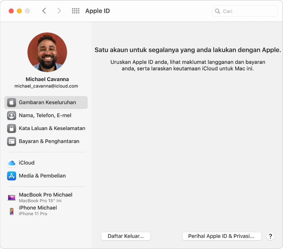 Keutamaan Apple ID menunjukkan bar sisi jenis pilihan akaun berlainan yang anda boleh gunakan dan keutamaan Gambaran Keseluruhan untuk akaun sedia ada.