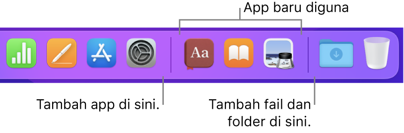 Sebahagian daripada Dock menunjukkan garis pemisah antara app, app yang terbaru digunakan dan fail dan folder.