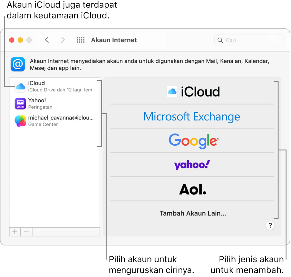 Keutamaan Akaun Internet dengan akaun yang disenaraikan di sebelah kanan dan jenis akaun tersedia disenaraikan di sebelah kiri.