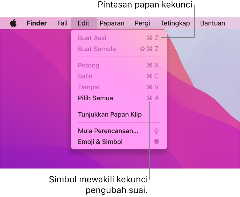 Menu Edit terbuka dalam Finder; pintasan papan kekunci kelihatan di sebelah item menu.