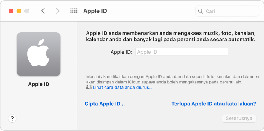 Dialog Apple ID bersedia untuk entri Apple ID. Pautan Cipta Apple ID membenarkan anda mencipta Apple ID baharu.