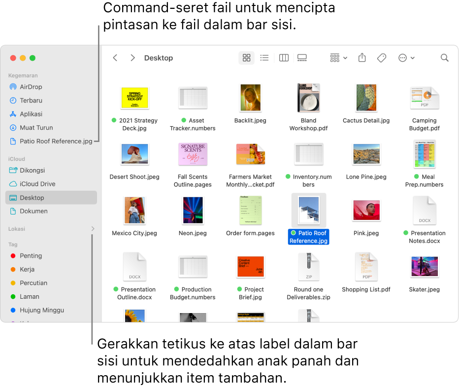 Di sebelah kanan Lokasi dalam bar sisi Finder ialah anak panah untuk mengklik bagi menunjukkan item tambahan. Dalam tetingkap Finder di sebelah kanan, fail dipilih dan pintasan ke fail berada dalam bar sisi, di bawah Kegemaran.