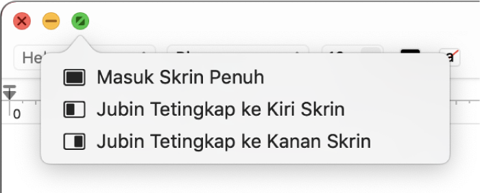 Menu yang muncul apabila anda mengalihkan penuding ke atas butang hijau di penjuru kiri atas tetingkap. Perintah menu daripada atas ke bawah termasuk: Masuk Skrin Penuh, Jubin Tetingkap ke Kiri Skrin, Jubin Tetingkap ke Kanan Skrin.