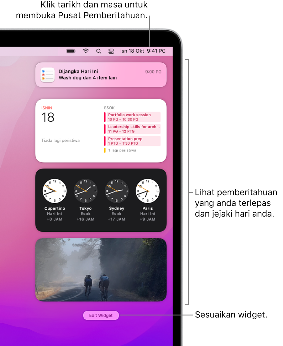 Pemberitahuan dan widget dalam Pusat Pemberitahuan.