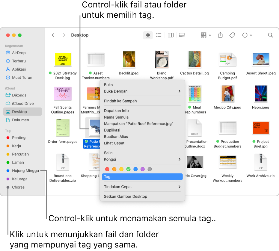 Tetingkap Finder yang mengandungi fail dan folder ditag, dengan fail dipilih. Dalam menu pintasan, terdapat pilihan warna untuk tag dan Tag diserlahkan.